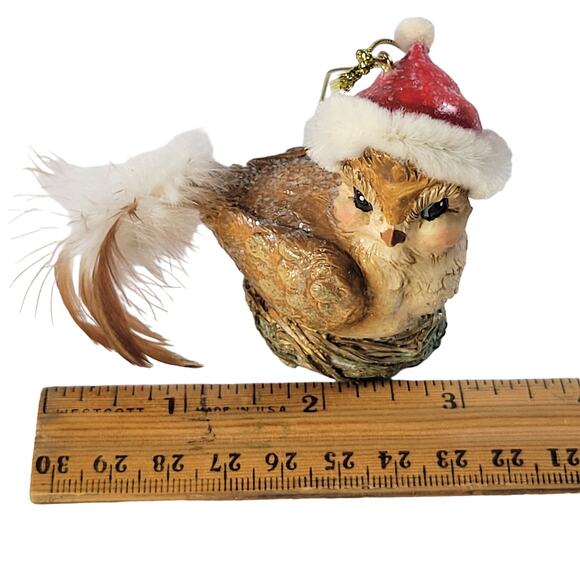 Vintage Christmas Bird Ornament with Santa Hat and Feather Tail - 3" Tall - Picture 3 of 9